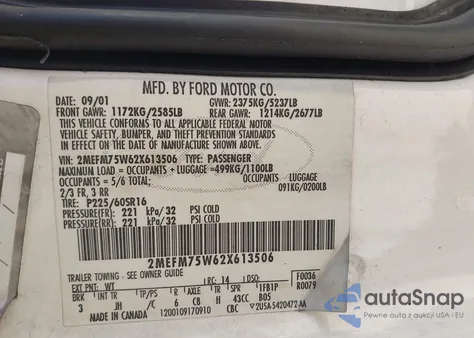 2002 Mercury Grand Marquis Ls from USA, damaged, VIN 2MEFM75W62X613506